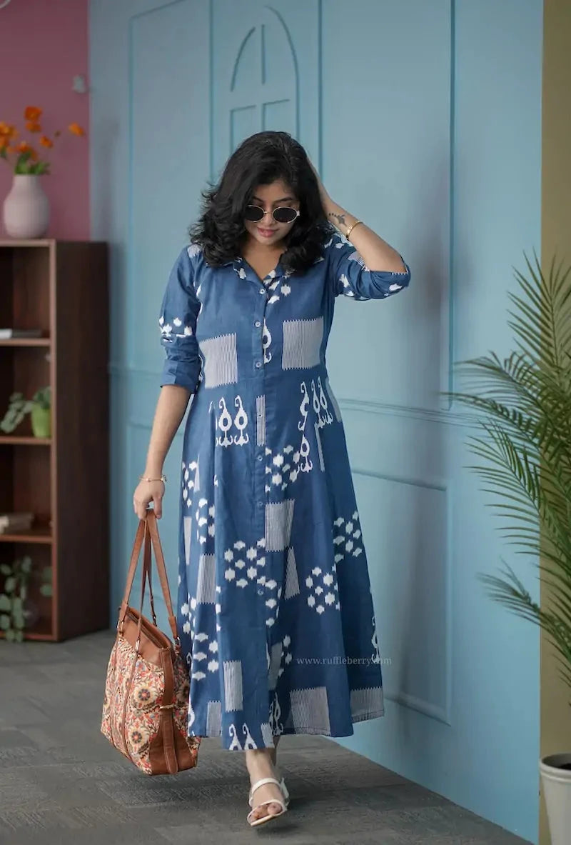barb indigo blue abstract shirt dress