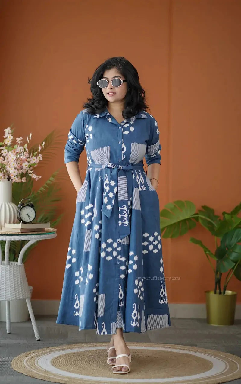 barb indigo blue abstract shirt dress