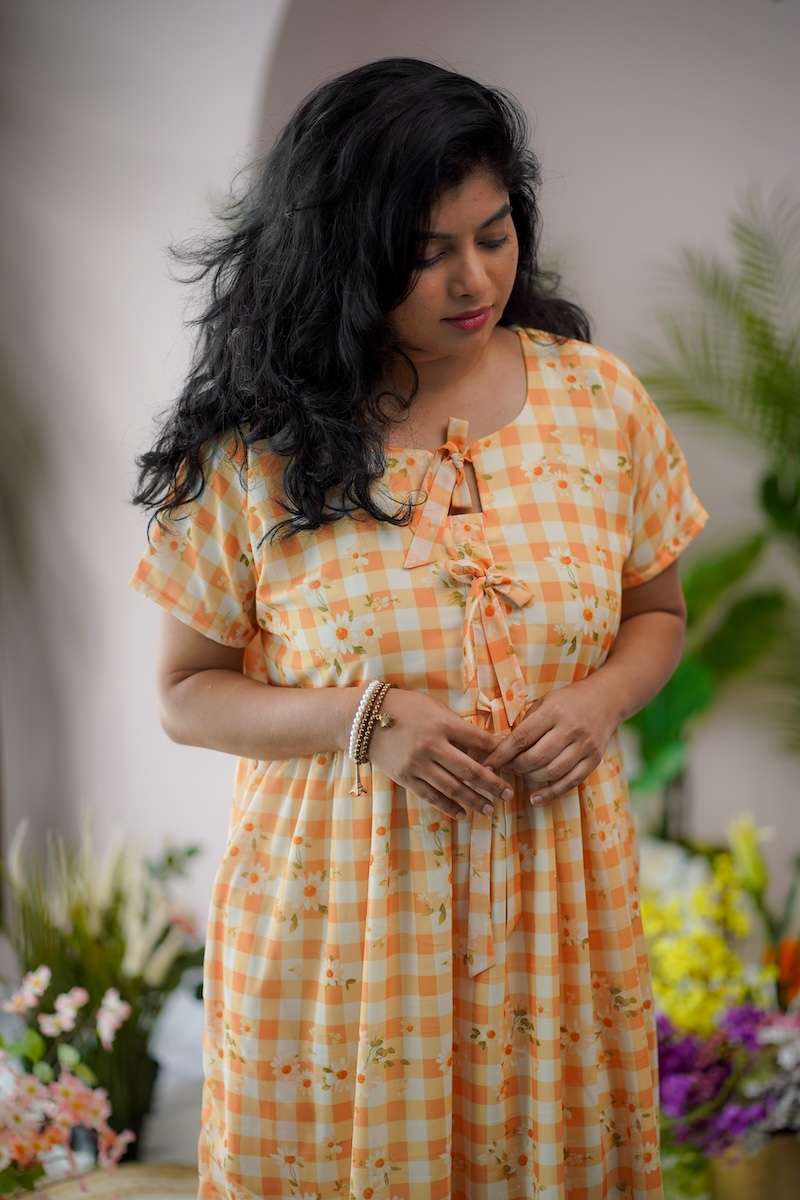 maira yellow gingham georgette dress