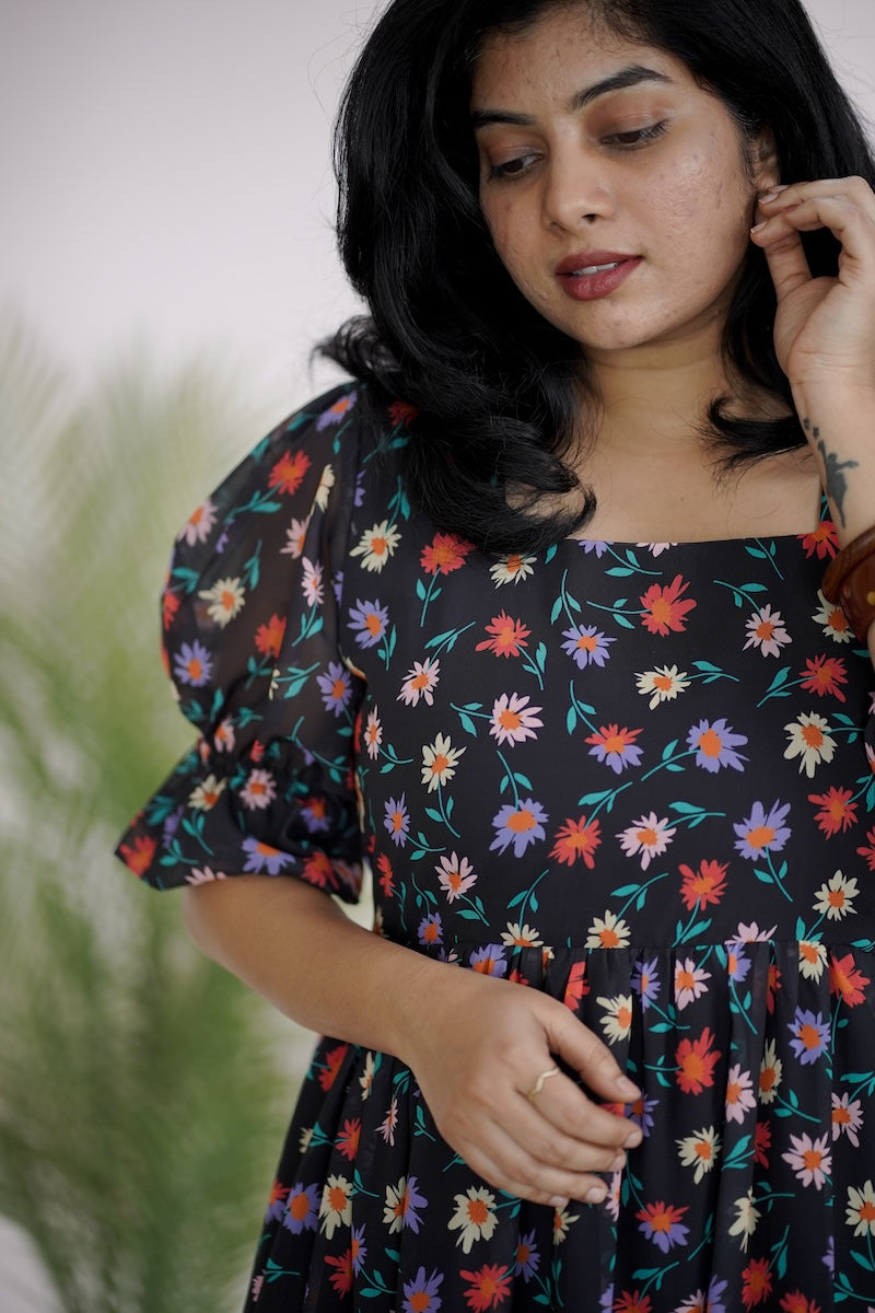 arina black minifloral georgette dress