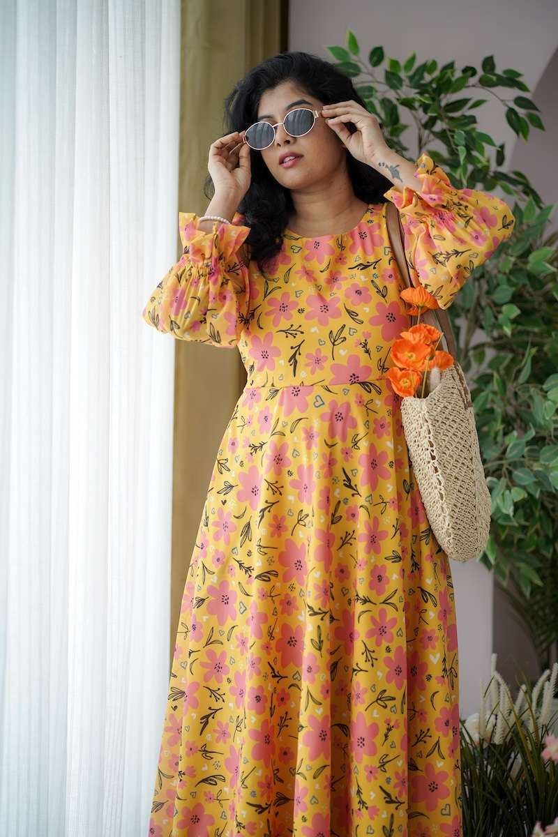 maira yellow floral georgette dress