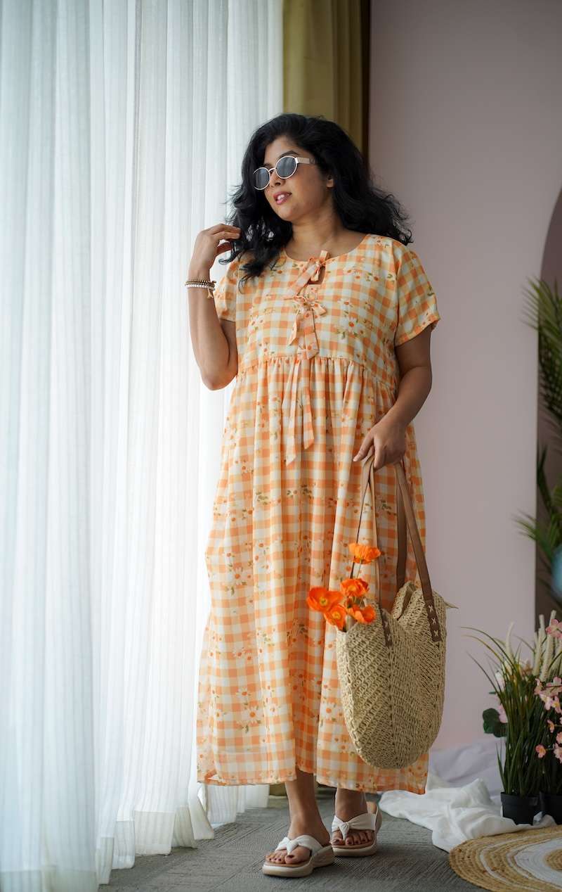 maira yellow gingham georgette dress
