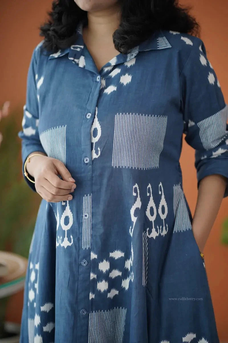barb indigo blue abstract shirt dress