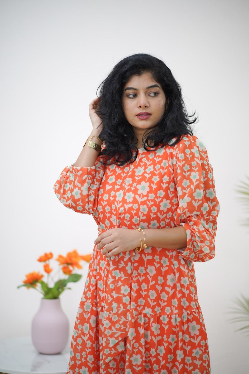 arina orange minifloral georgette dress