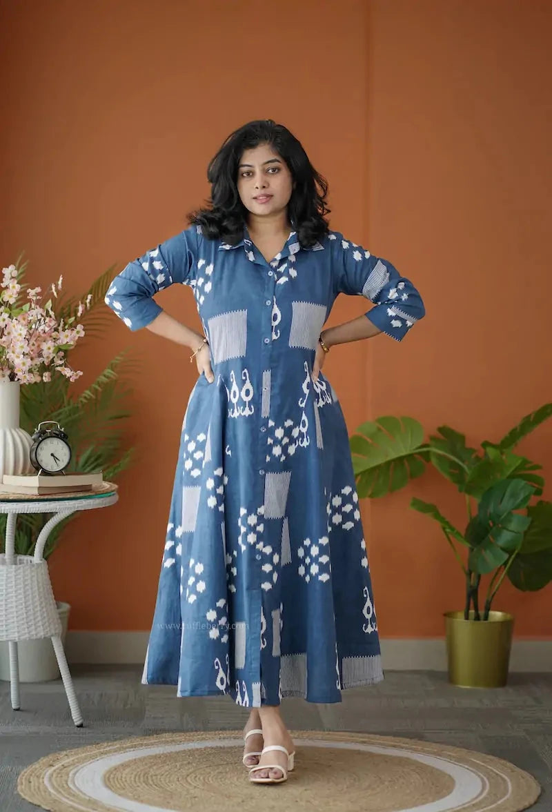 barb indigo blue abstract shirt dress