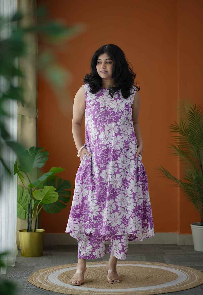 piku lavender white floral co-ord set