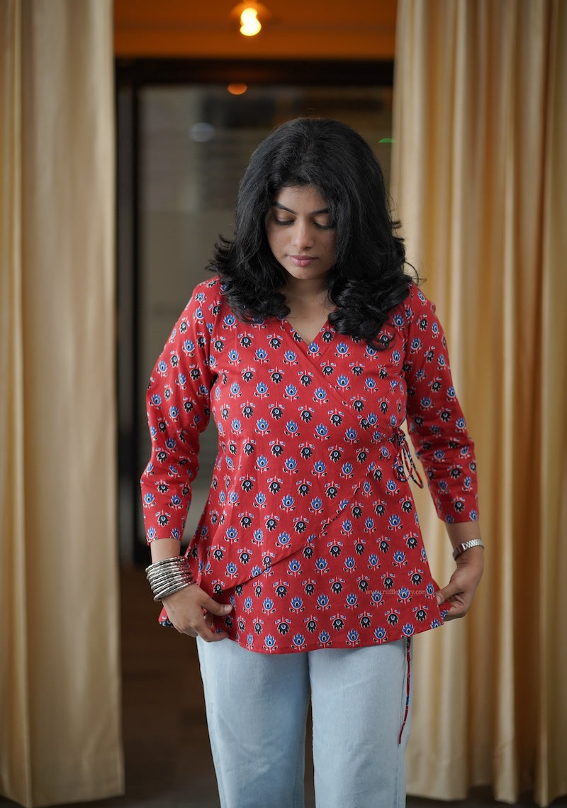 crimson red wrap style short kurti