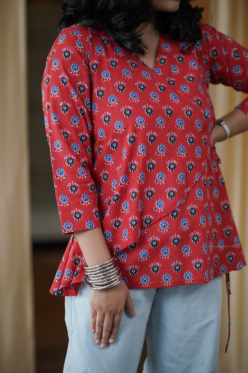 crimson red wrap style short kurti