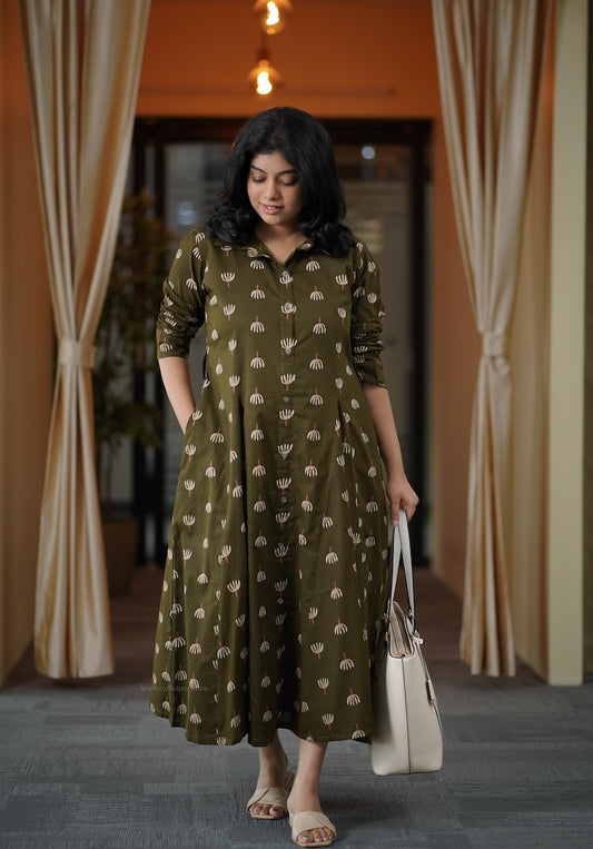 Garden Mehendi Green Cotton Shirt Dress