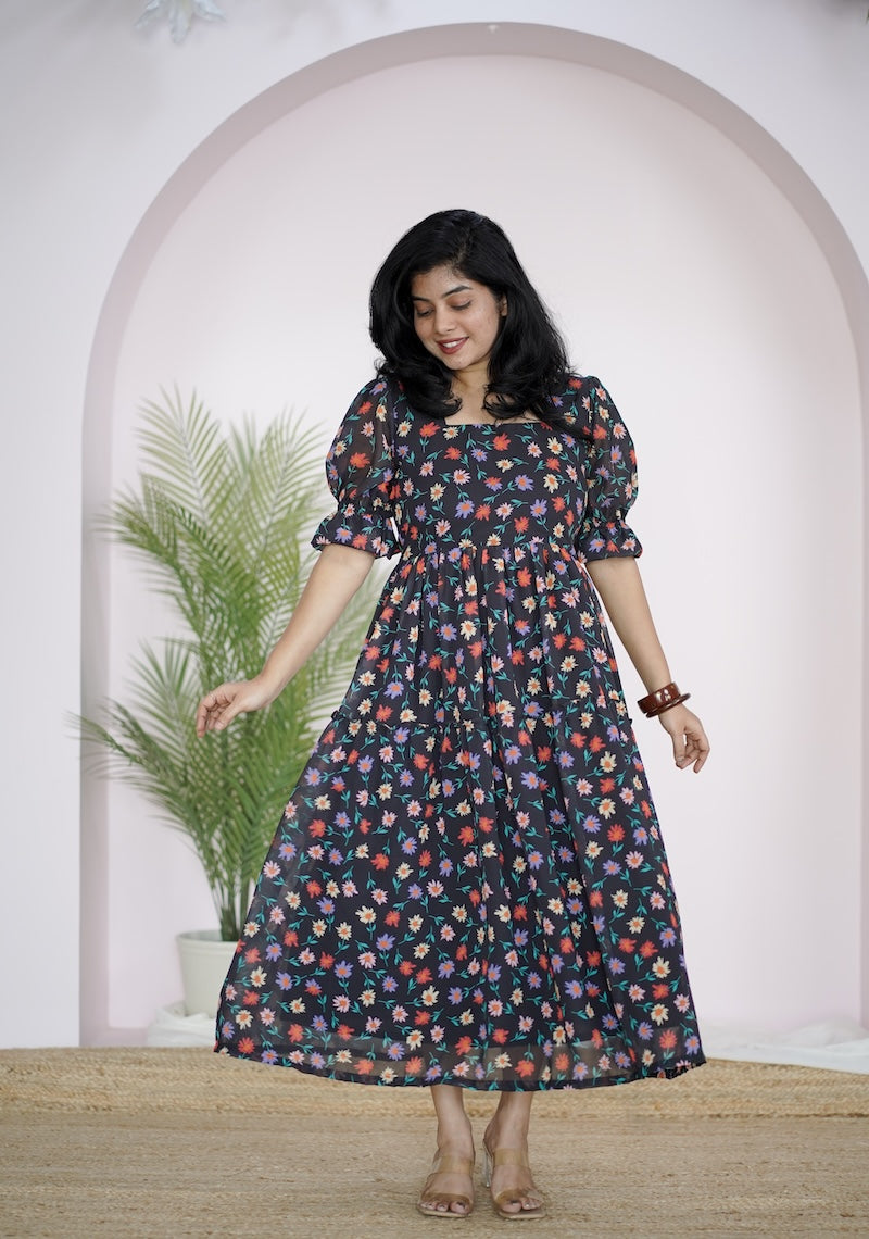 arina black minifloral georgette dress