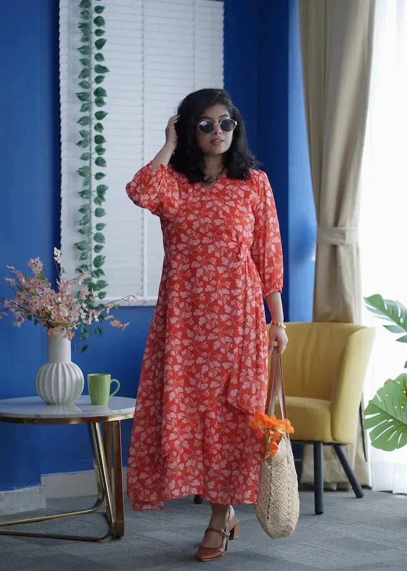 Rose Orange Floral Georgette Dress - Main Image