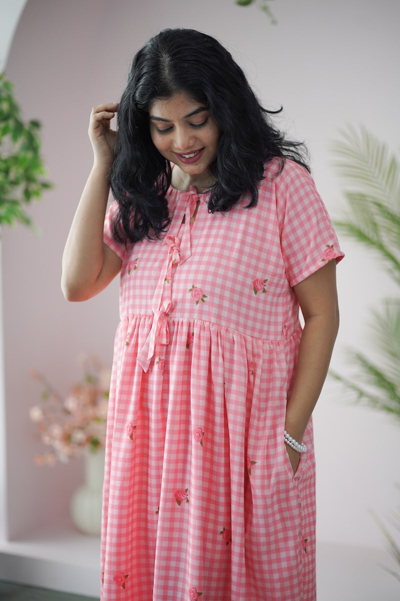 arina gingham pink checkered georgette dress