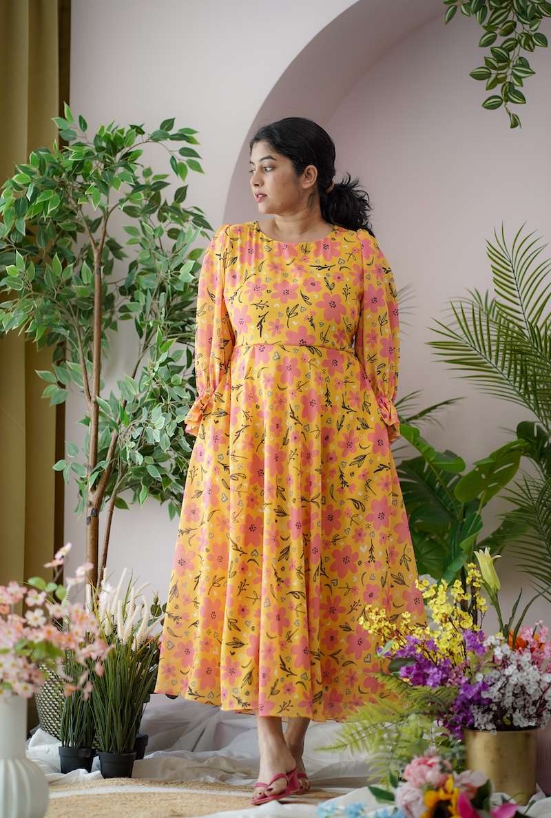 maira yellow floral georgette dress