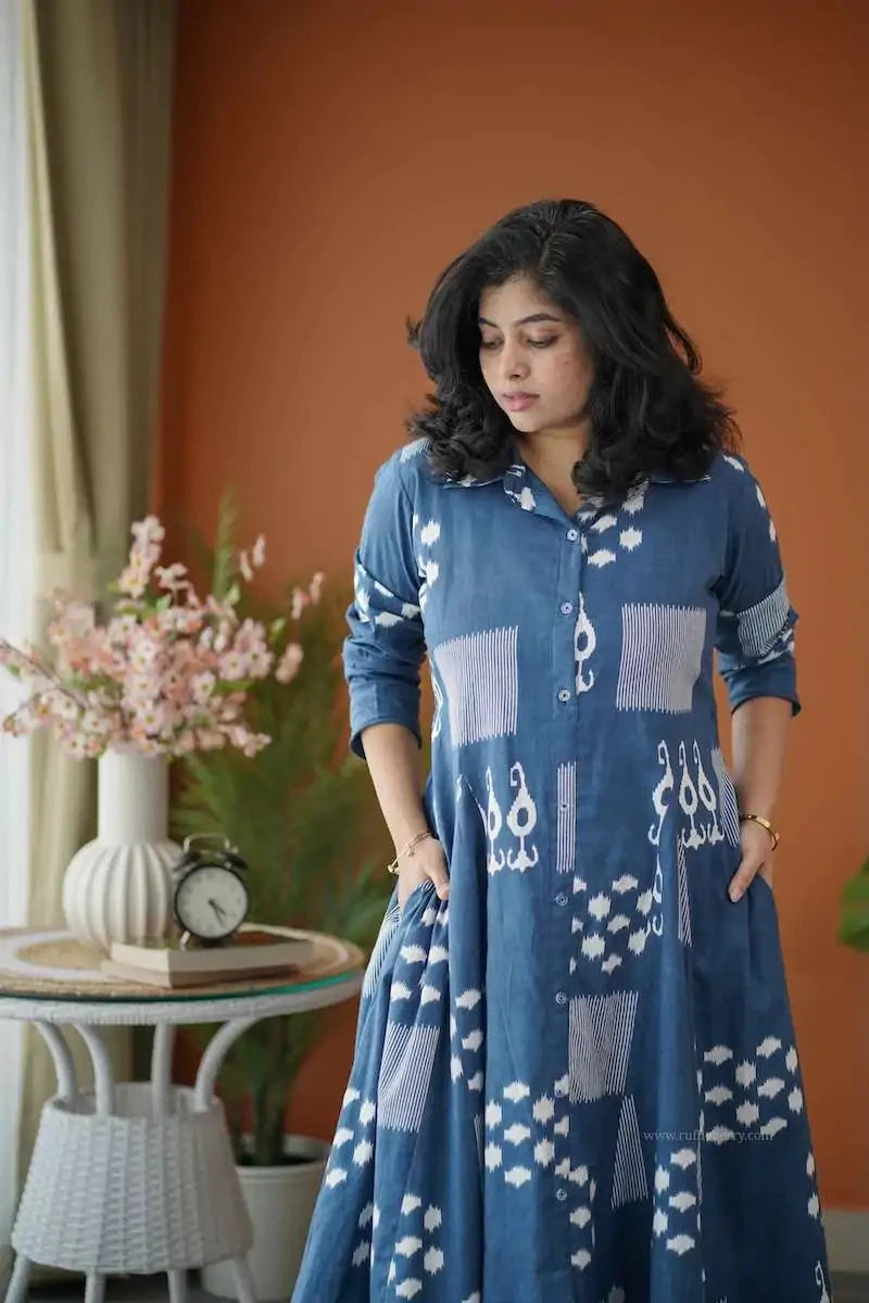 barb indigo blue abstract shirt dress
