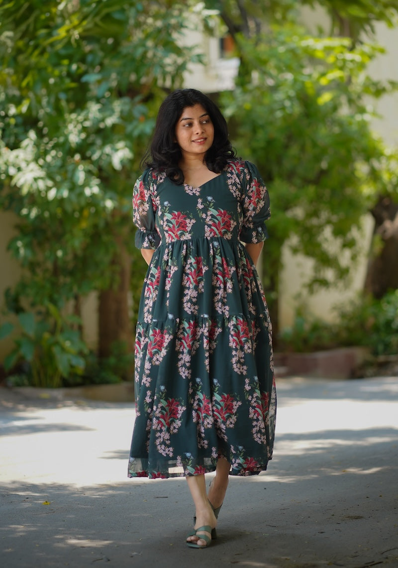 bloom forest green georgette dress