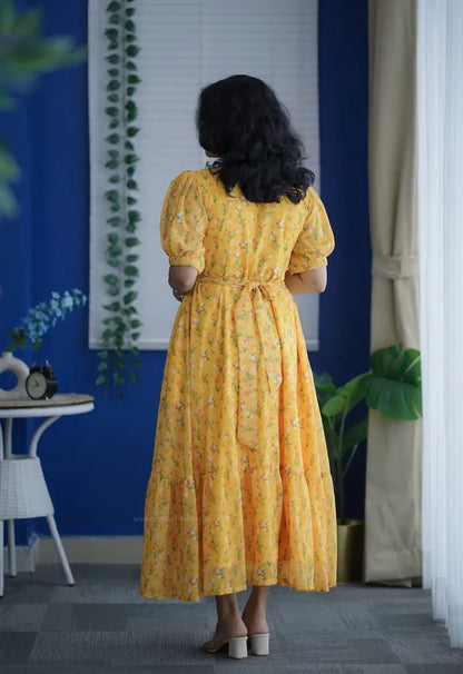 Rose Yellow Floral Georgette Dress