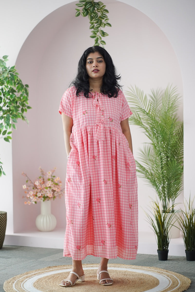 Arina Gingham Pink Checkered Georgette dress