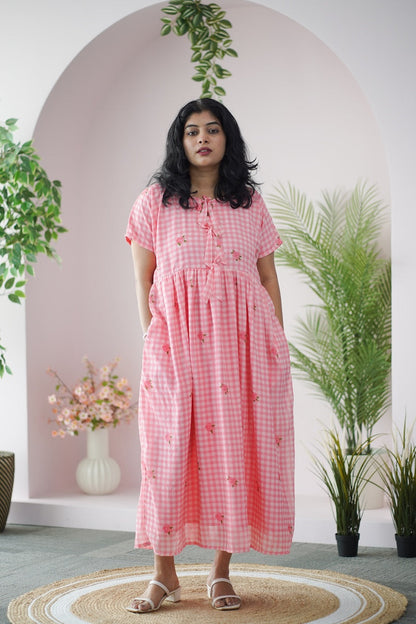 Arina Gingham Pink Checkered Georgette dress