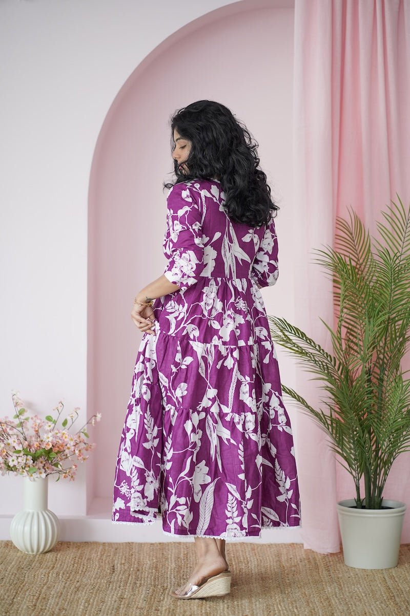 Maroba Purple WhiteFloral Cotton Tier Dress