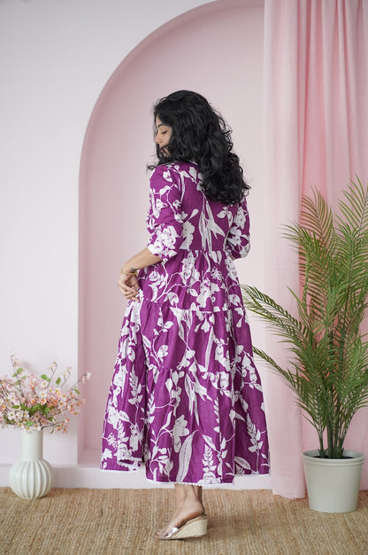Maroba Purple WhiteFloral Cotton Tier Dress