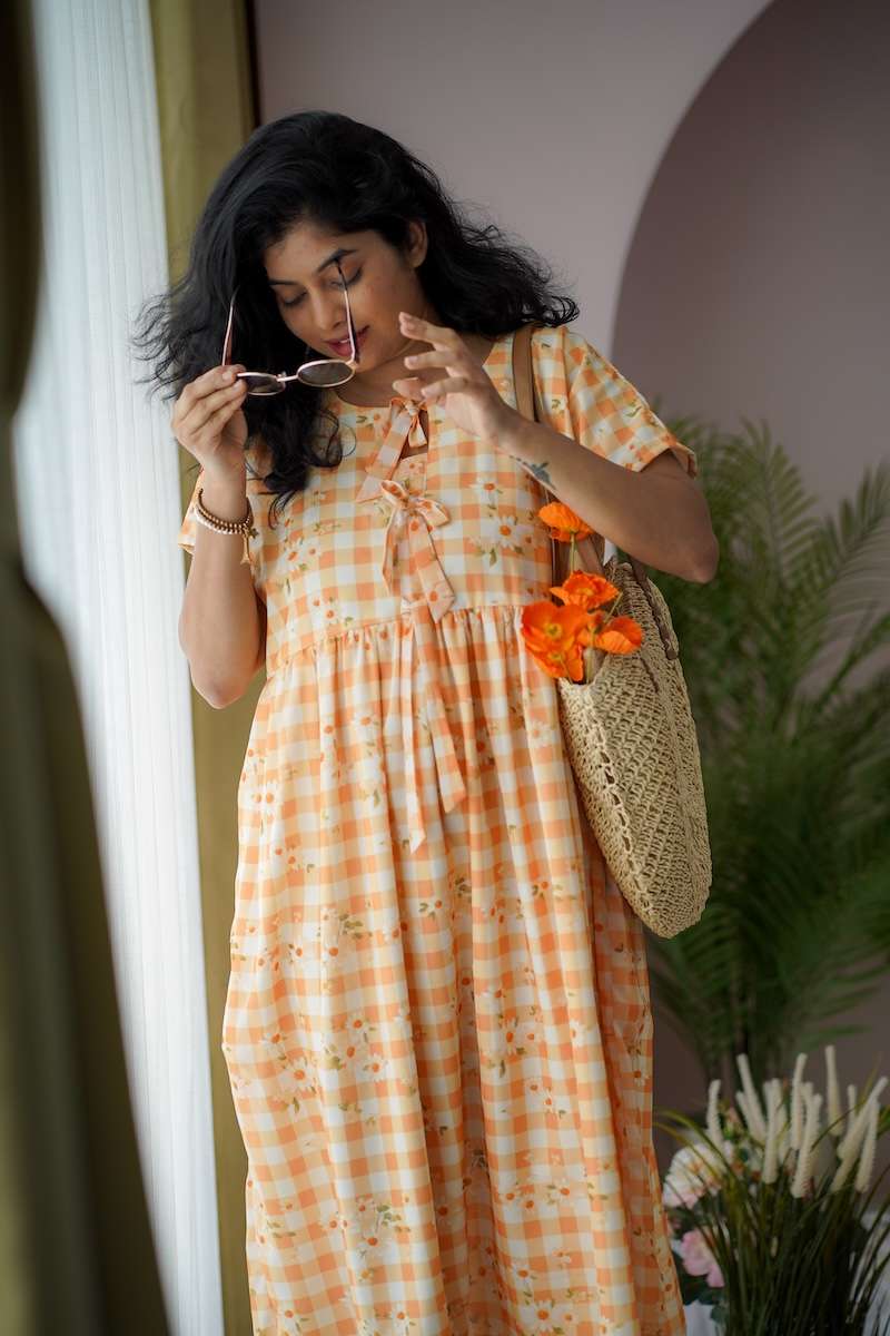 maira yellow gingham georgette dress