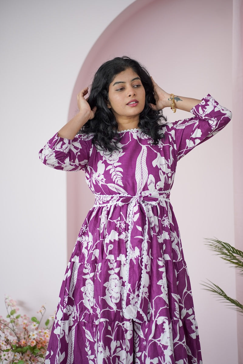 maroba purple whitefloral cotton tier dress