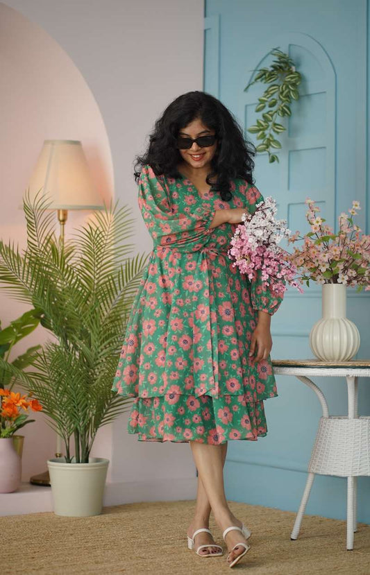 Maira Green Georgette Layered Dress