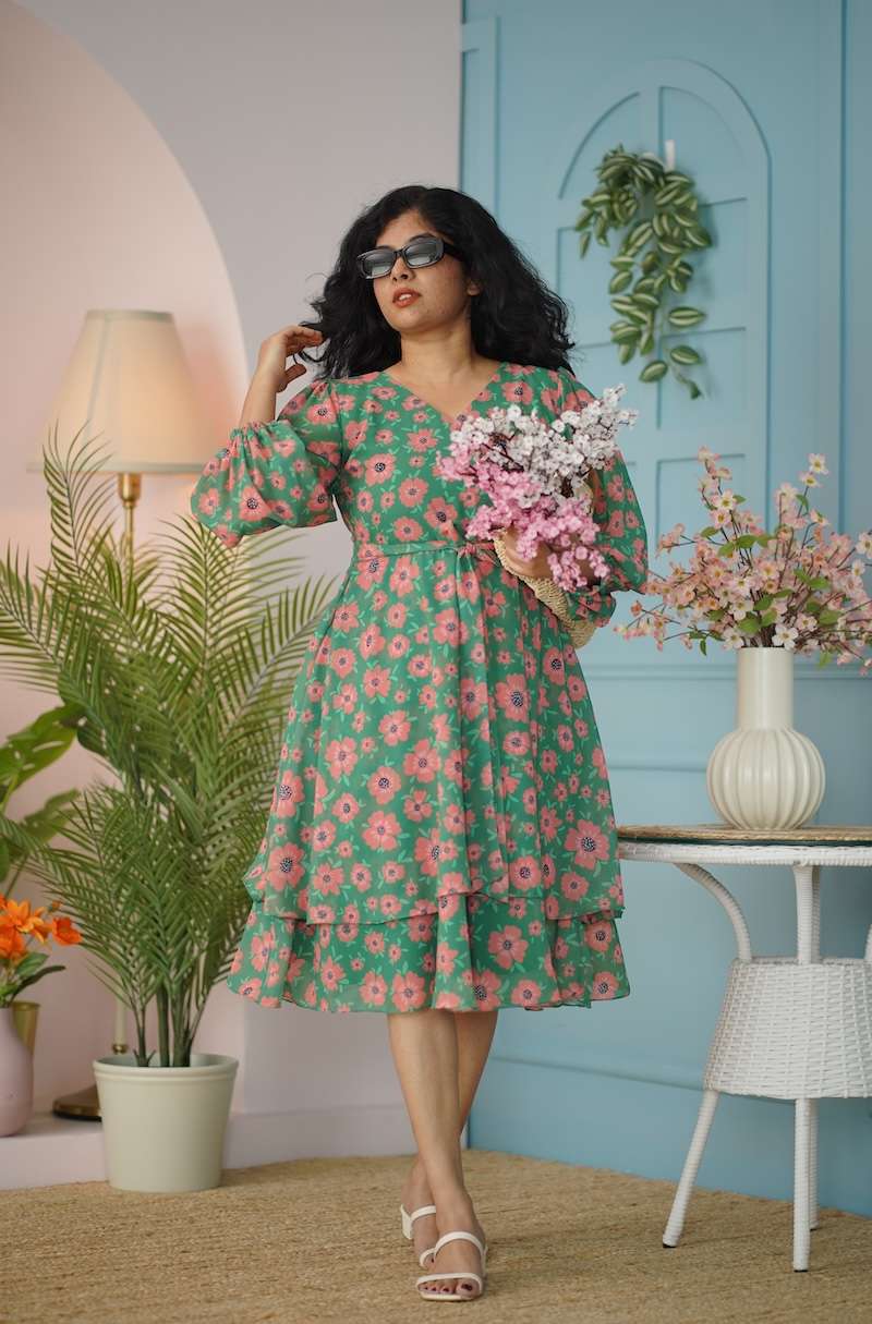 Maira Green Georgette Layered Dress