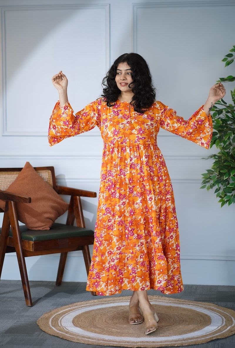 Elira Orange Floral Cotton Dress