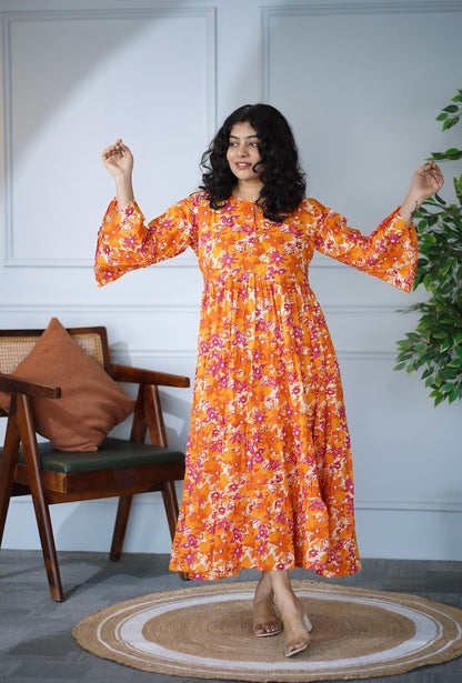 Elira Orange Floral Cotton Dress