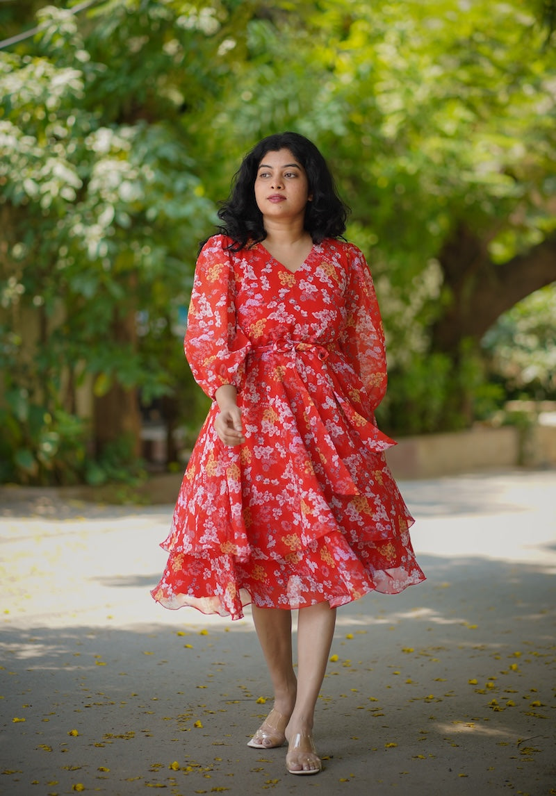 Savina OrangeRed Georgette Dress