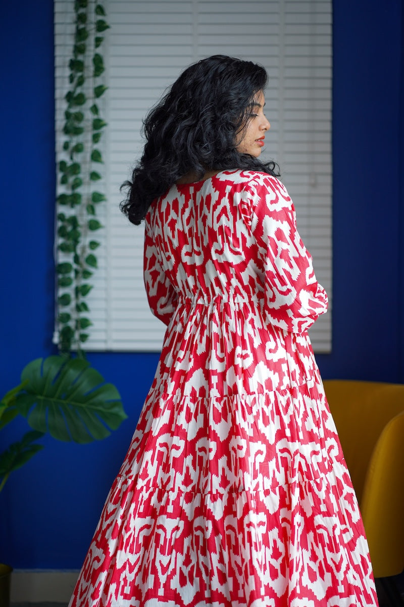 Maroba Red & White Abstract Cotton Dress