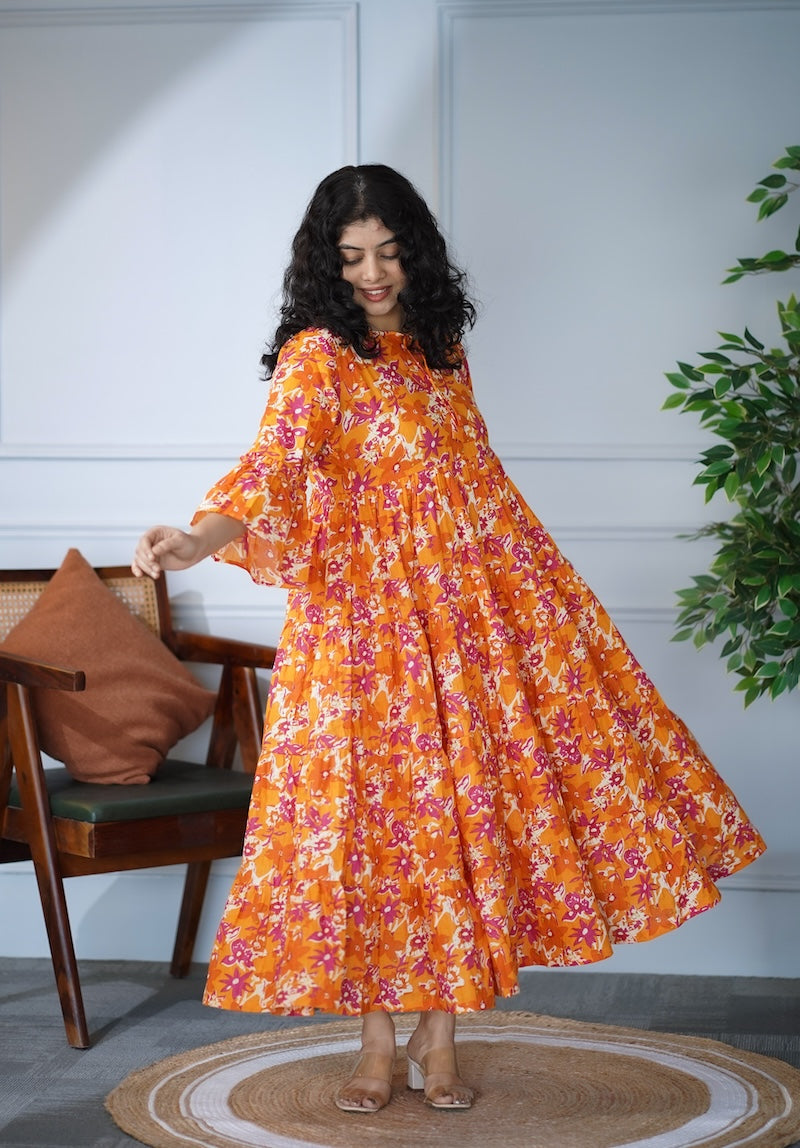 Elira Orange Floral Cotton Dress