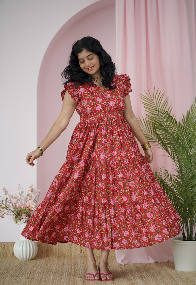 maroba red floral cotton tier dress
