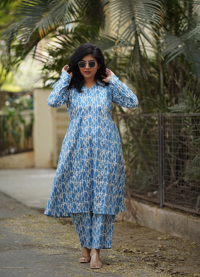 diya blue full sleeved aline cotton co-ord