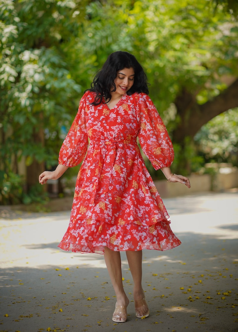 Savina OrangeRed Georgette Dress