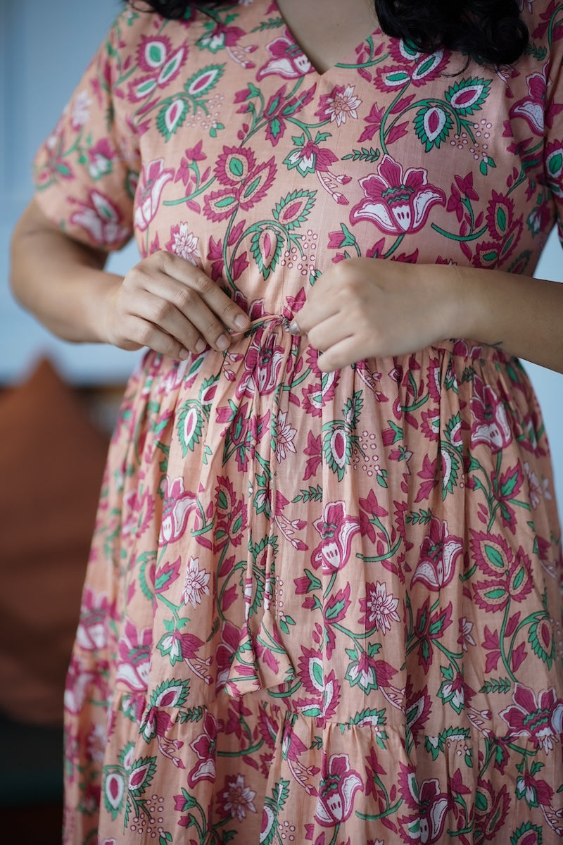 Elira Peach Floral Cotton Dress