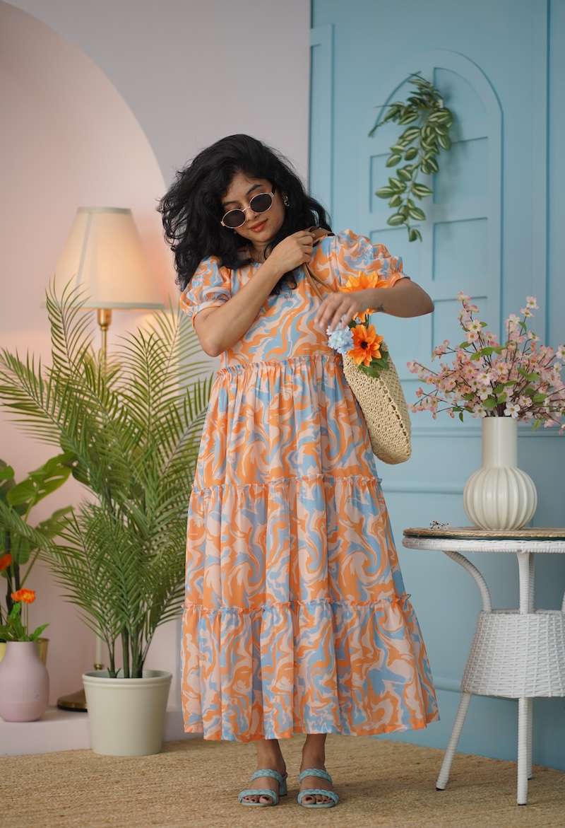 Maira Orange Abstract Georgette Dress