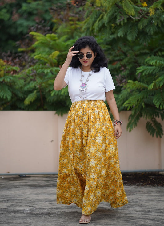 Yellow Tiered Cotton Skirt