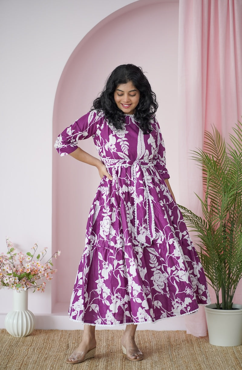 Maroba Purple WhiteFloral Cotton Tier Dress