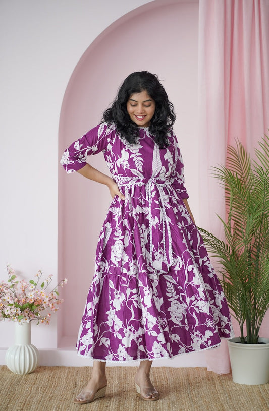 Maroba Purple WhiteFloral Cotton Tier Dress