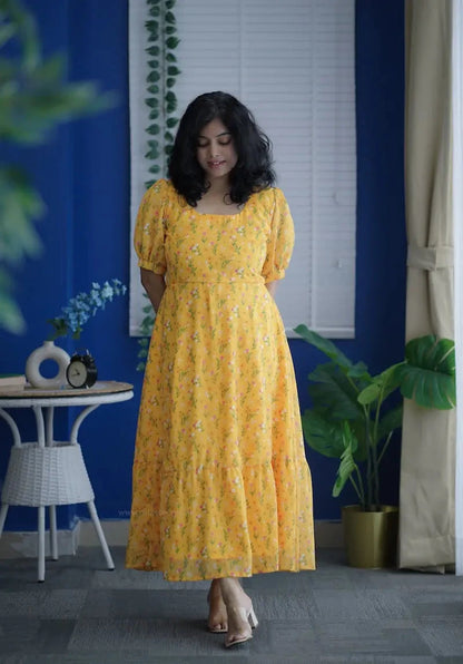 Rose Yellow Floral Georgette Dress