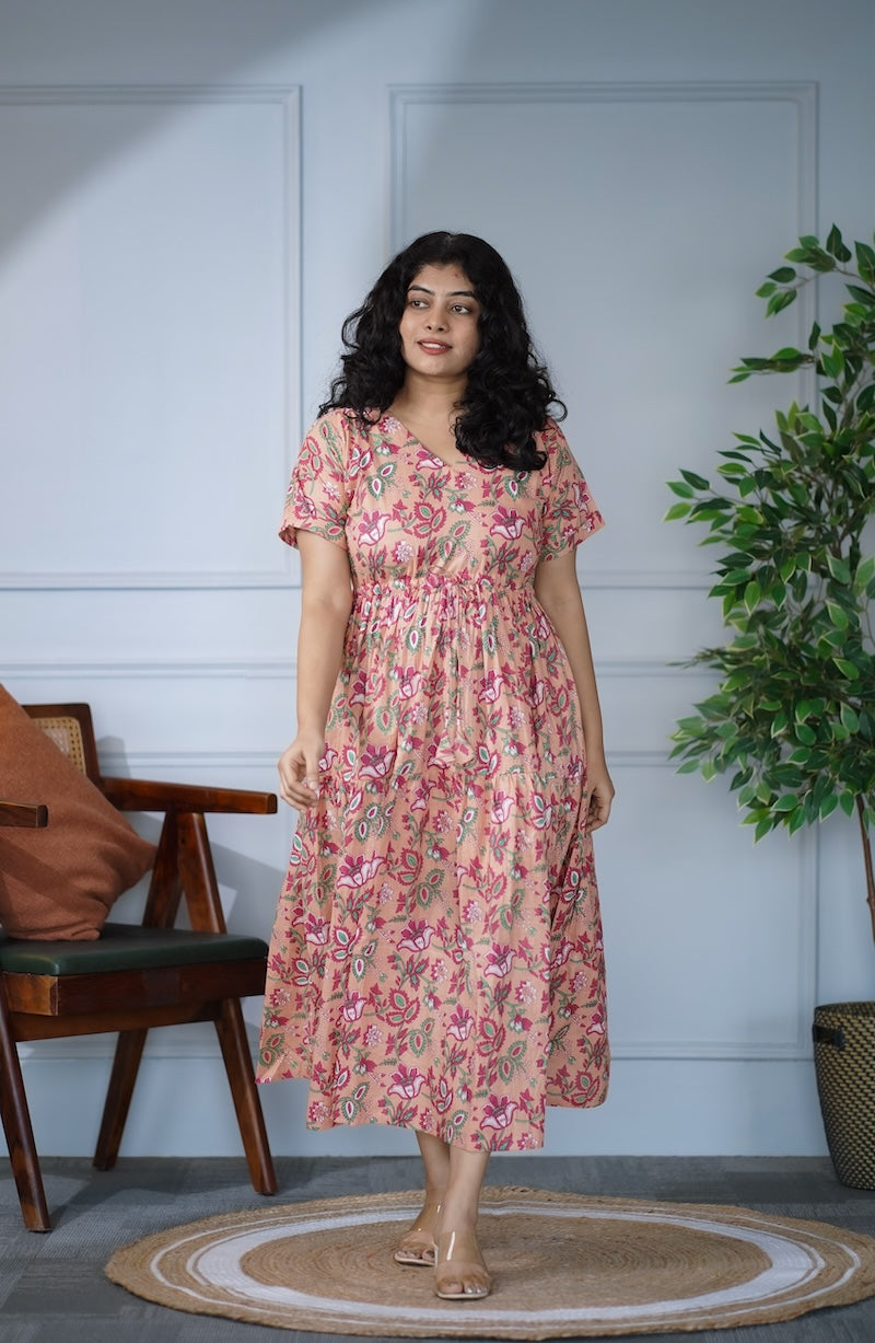 elira peach floral cotton dress