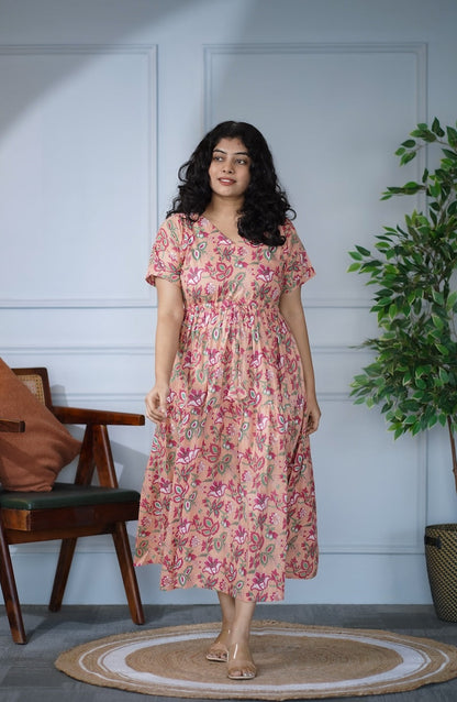 Elira Peach Floral Cotton Dress