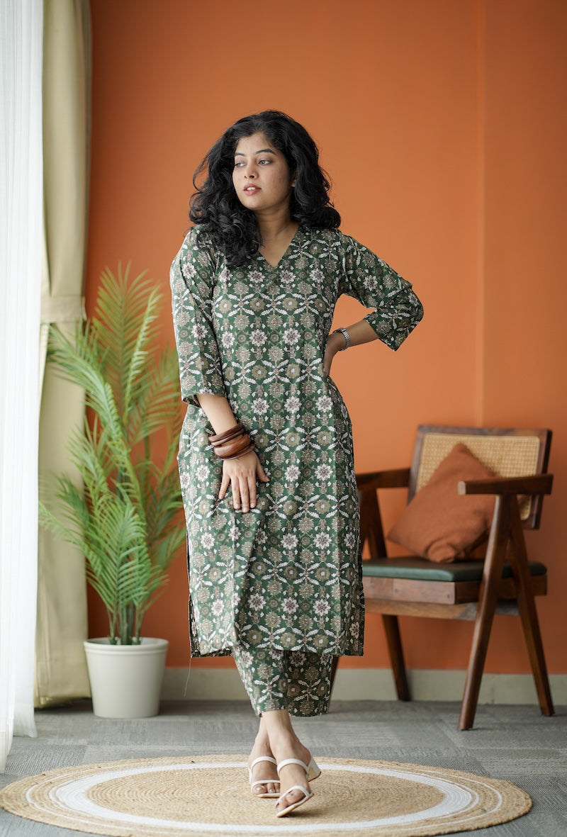 Jaan DarkGreen Slit Cotton Co-ord Set