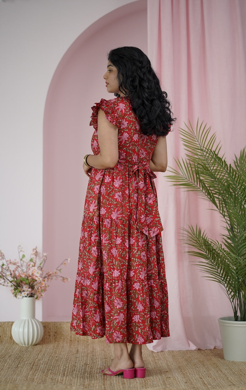 Maroba Red Floral Cotton Tier Dress