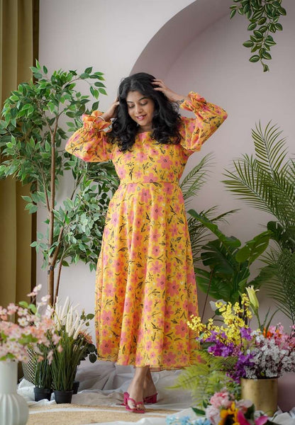 Maira Yellow Floral Georgette Dress