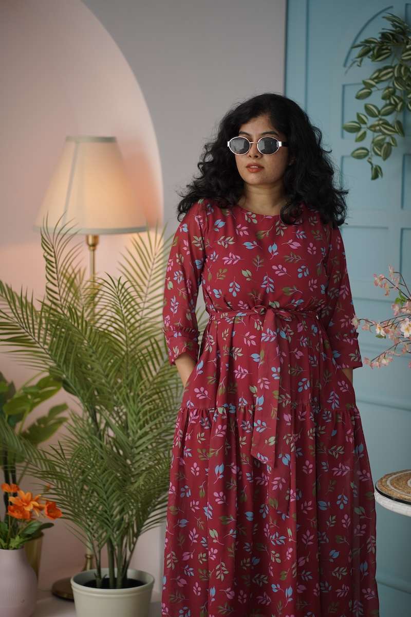maira maroon floral georgette dress