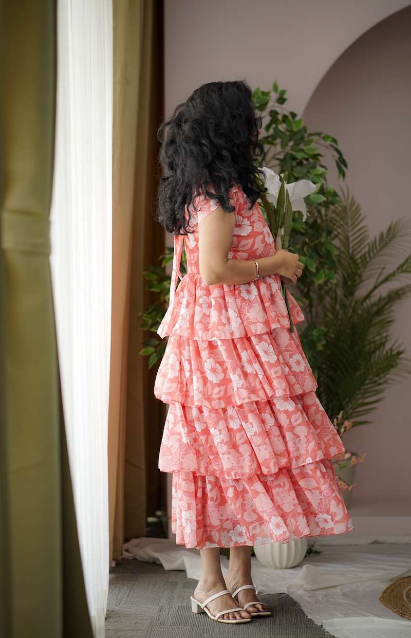 Maira Coral Georgette Layered Dress