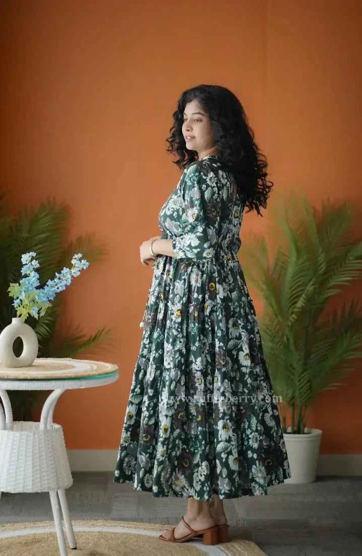 Augusta DarkGreen Floral Cotton Tier Dress